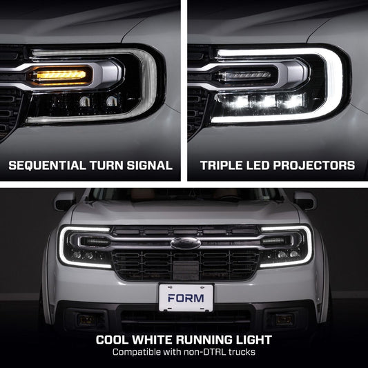 Form Lighting Sequential LED Headlights for 2022-2024 Ford Maverick | Triple Projector LED, Black Housings, Sequential Turn Signals
