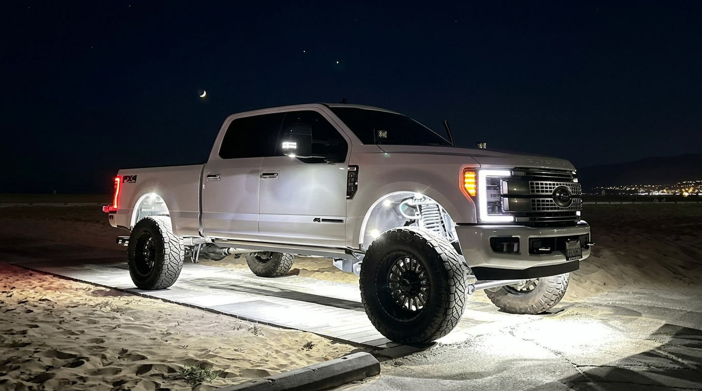 Pure white rock lights glowing under lifted truck on sand at night