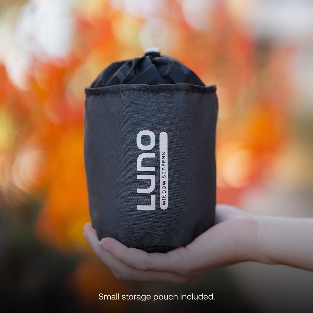 Luno Car Window Screens packed in compact storage pouch for vehicle camping
