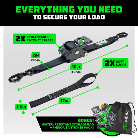 RHINO USA RETRACTABLE RATCHET STRAPS (2PK 2INX10FT) (BLACK)