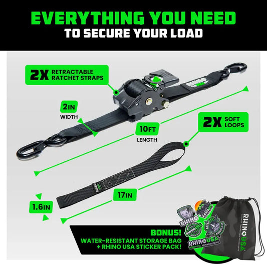 RHINO USA RETRACTABLE RATCHET STRAPS (2PK 2INX10FT) (BLACK)