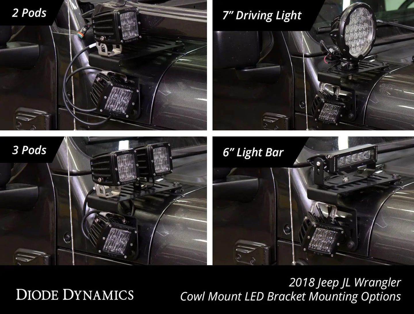 Diode Dynamics 2018-2026 Jeep JL Wrangler / 2020-2025 Jeep Gladiator Cowl Mount LED Brackets Diode Dynamics