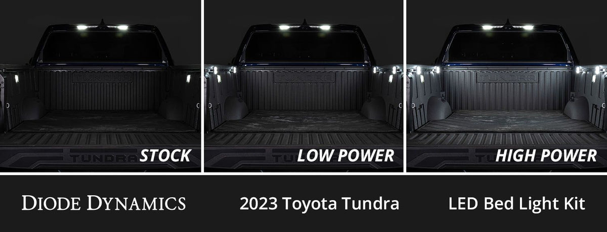 Comparison of Diode Dynamics LED bed light kit on a 2023 Toyota Tundra with 'Stock', 'Low Power', and 'High Power' labels.