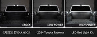 Comparison of Diode Dynamics LED bed light kit on a 2024 Toyota Tacoma with 'Stock', 'Low Power', and 'High Power' labels.