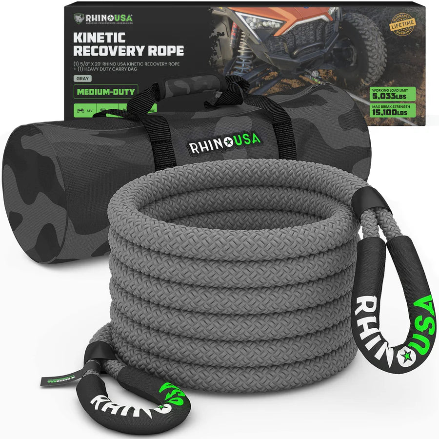 RHINO USA KINETIC ENERGY RECOVERY ROPE (5/8" X 20') GRAY