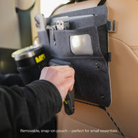 Luno vehicle Seatback Organizer keeping travel gear organized behind front seat