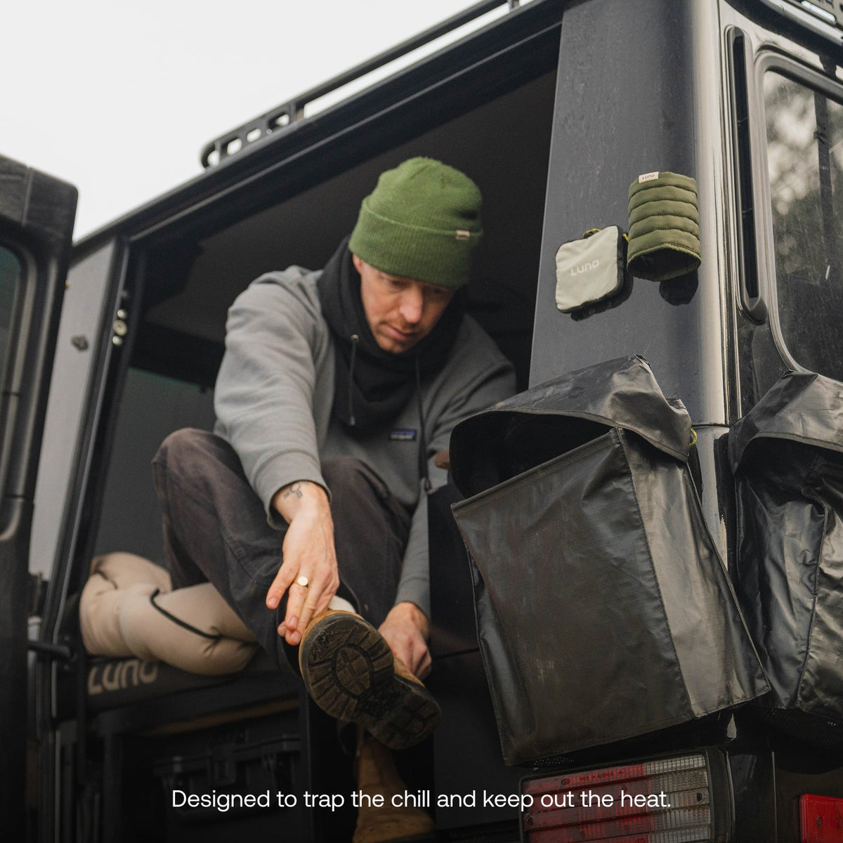 Luno Magnetic Can Cooler attached to overland vehicle for camping