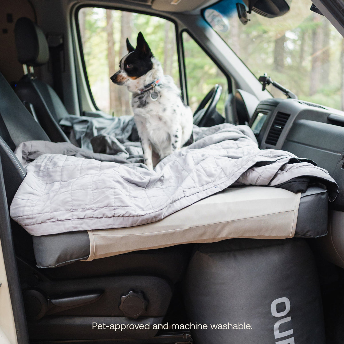 Luno AIR Van Front Cab Mattress Fitted Sheet with pet-friendly van camping sleep setup