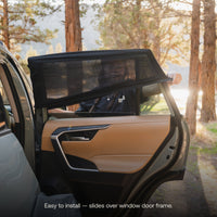 Luno Car Window Screen sliding over rear SUV door frame for easy installation