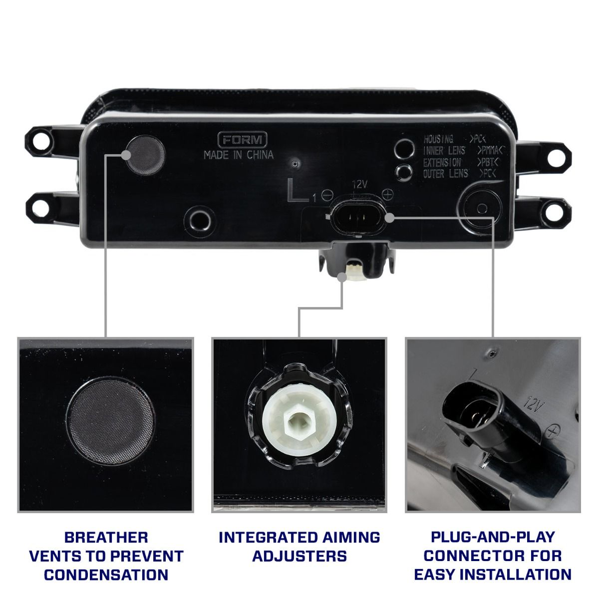 Features of FORM Lighting Tacoma Fog Lights showing Vents, adjusters and Plug & Play Installation