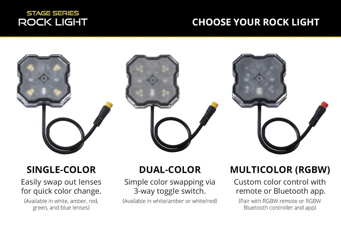 Diode Dynamics Stage Series 12-Piece LED Rock Light Kit | Single-Color, Dual-Color & RGBW