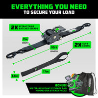 RHINO USA RETRACTABLE RATCHET STRAPS (2PK 2INX10FT) (BLACK)