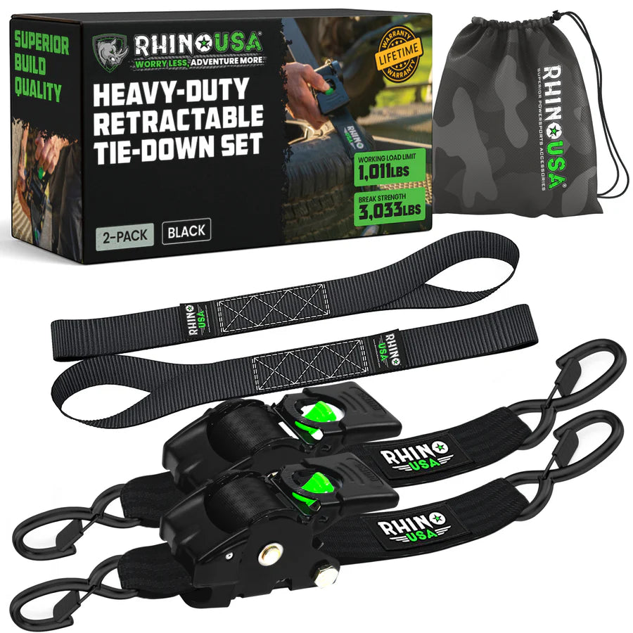 RHINO USA RETRACTABLE RATCHET STRAPS (2PK 2INX10FT) (BLACK)